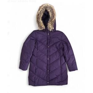 Land’s End Women’s Purple Down Puffer Jacket Faux Fur Hood Size P Med 10-12